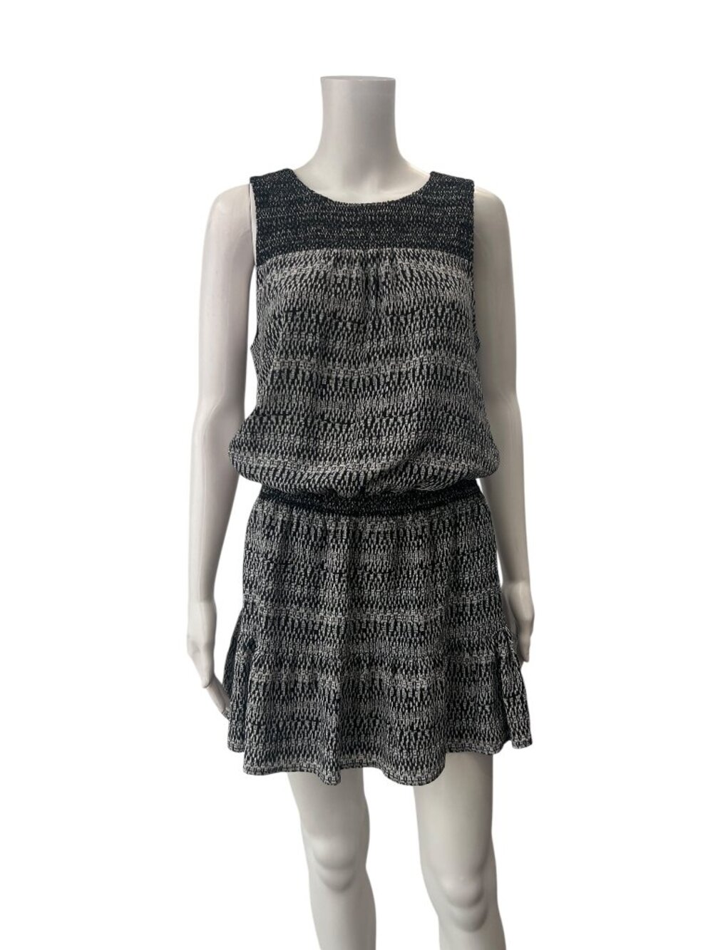 $298 Joie Black White Geometric Silk Mini Smocked Leilou Dress size Small